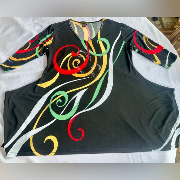 Valentina Dresses & Skirts - Valentina Black Midi Dress with Red, Yellow & Green Swirl Print